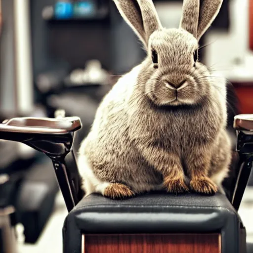 Image similar to sad rabbit sitting in a barbers chair