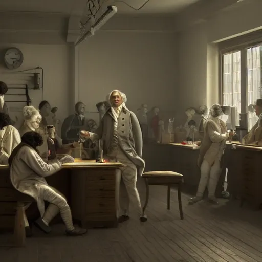 Image similar to a group of Ben Franklins boasting to each other in a laboratory in 1776, photorealistic, volumetric lighting, unreal engine, 4K