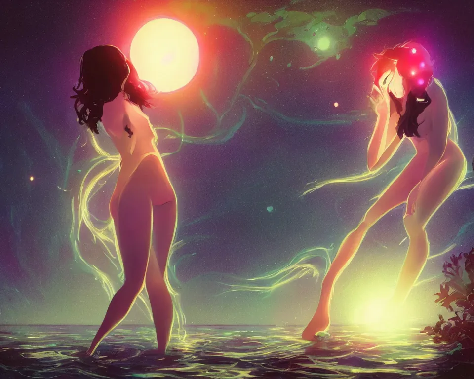 Prompt: beautiful seductive girl standing in a lake basking in the moonlight, using magic, under a multi-colored binary blackhole with an accretion disc, glowing trails following her arms, wearing professional makeup, acidwave, by Lois van Baarle, by Greg Rutkowski, by artgerm, by beeple, by studio ghibli, cinematic angle, volumetric lighting, 4k resolution, octane render, trending on artstation, masterpiece