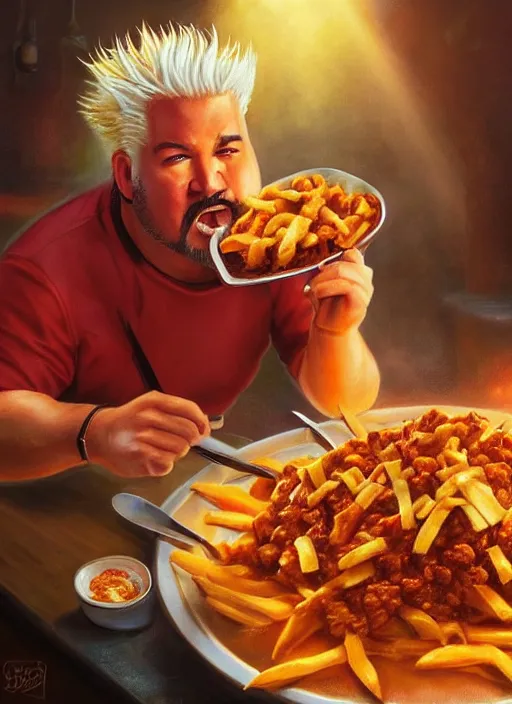 Image similar to epic cinematic poster artwork for guy fieri eating chili cheese fries, moody painting by drew struzan, beautiful backlit, colorful, iconic composition, epic award winning, artstation, extremely detailed, flare, photorealistic, 4 k