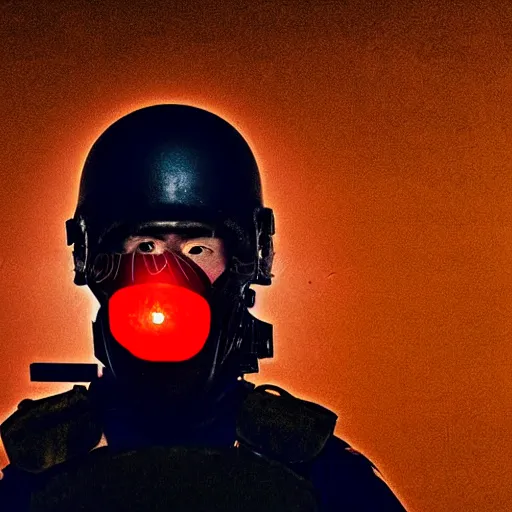 Image similar to portrait of a anti-riot policeman with head on fire , front, centered, riot background, at night ,editorial photography