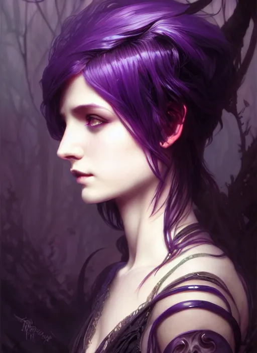 Image similar to Necromant, fantasy magic, undercut hairstyle, short purple black fade hair, dark light night, intricate, elegant, sharp focus, illustration, highly detailed, digital painting, concept art, matte, art by WLOP and Artgerm and Greg Rutkowski and Alphonse Mucha, masterpiece