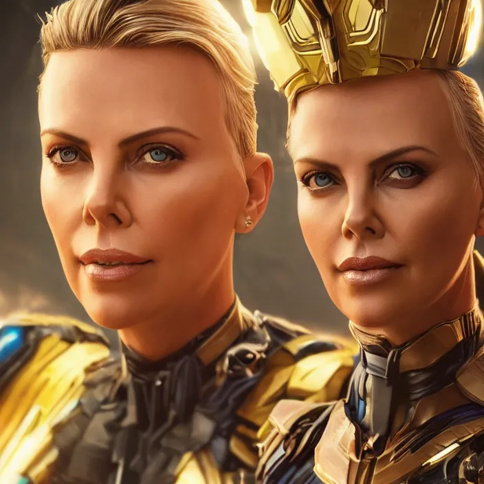 Image similar to portrait of Charlize Theron, wearing The Infinity Gauntlet. intricate artwork. octane render, trending on artstation, very coherent symmetrical artwork. cinematic, hyper realism, high detail, octane render, 8k, iridescent accents