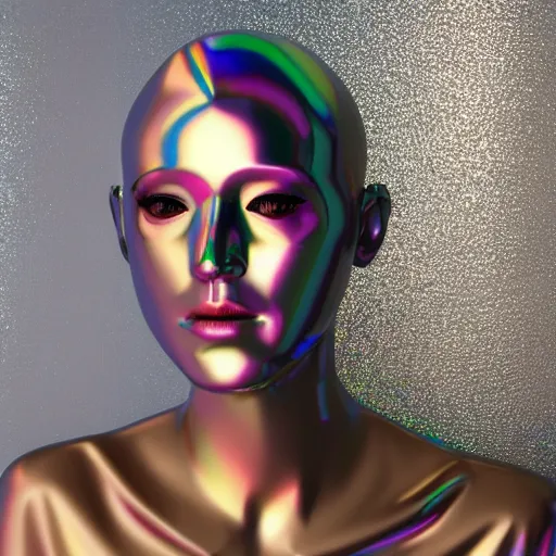 Image similar to 3d render of holographic human robotic head made of glossy iridescent, surrealistic 3d illustration of a human face non-binary, non binary model, 3d model human, cryengine, made of holographic texture, holographic material, holographic rainbow, concept of cyborg and artificial intelligence