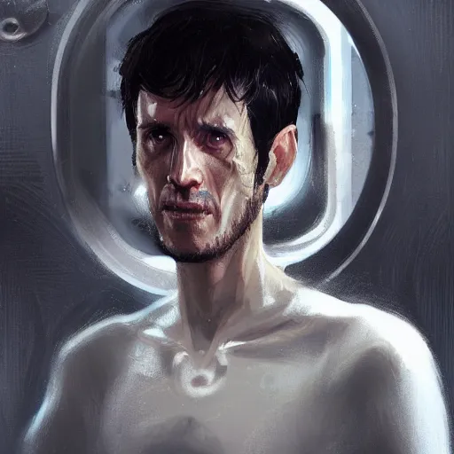 Image similar to portrait of a shocked man by greg rutkowski, he is about 3 0 years old, short black hair with bangs, scared and incredulous, very tall and slender, he is wearing futuristic space gear, highly detailed portrait, digital painting, artstation, concept art, smooth, sharp foccus ilustration, artstation hq