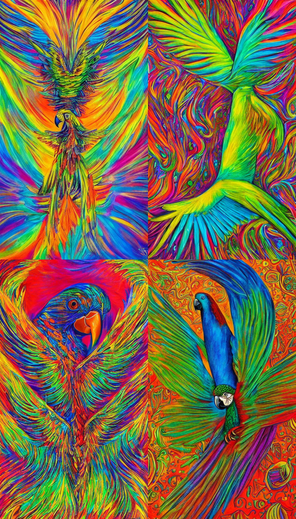 Prompt: a beautiful realistic painting of a parrot spreading its wings and soaring to the sky, symetrical wings, vibrant colors, ayahuasca, visionary art style