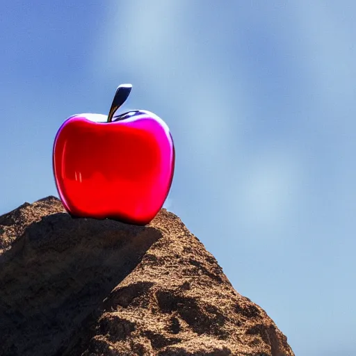 Prompt: a holographic apple is sitting on the peak of mount everest, clear focus, bokeh effect, high res