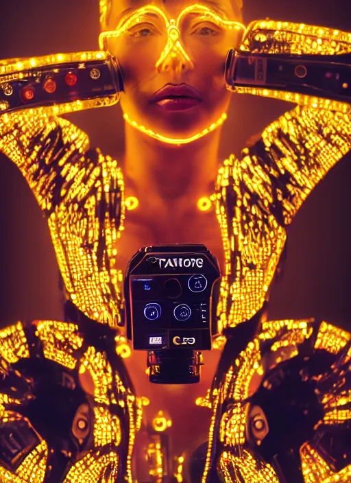 Image similar to a 3 5 mm photo of a cybernetic woman with led lights and neon with chrome details, splash art, movie still, bokeh, canon 5 0 mm, cinematic lighting, dramatic, afrofuturism, film, photography, golden hour, depth of field, award - winning, anamorphic lens flare, 8 k, hyper detailed, 3 5 mm film grain