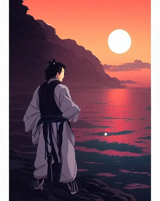 Prompt: a lonely poet ( li bai ) walks by the wide coast, night scene with moonlight on him, eva comic style, fine details. night setting. very anime style. realistic shaded lighting poster by ilya kuvshinov katsuhiro, magali villeneuve, artgerm, jeremy lipkin and michael garmash, rob rey and kentaro miura style, trending on art station