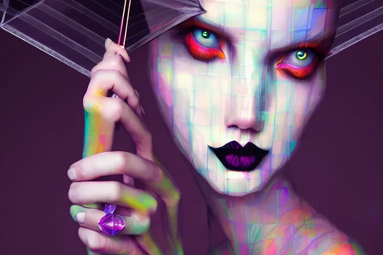 Image similar to surreal Portrait of beautiful goth woman with transparent umbrella in dmt chromatic surreal enviroment, elegant, highly detailed, smooth, photoreal, sharp focus, illustration, beautiful, geometric, dmt trending on artstation, cinematic, artwork by WLOP