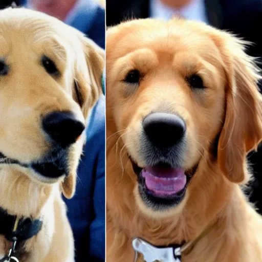 Image similar to a golden retriever with the head of tom cruise wearing a suit