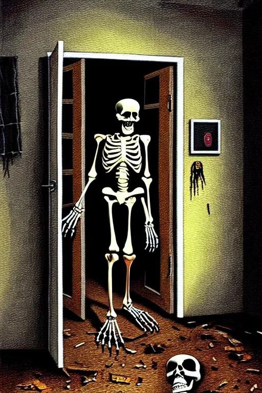 Prompt: a hyperrealistic painting of a skeleton walking into a boarded up haunted house, cinematic horror by jimmy alonzo, the art of skinner, chris cunningham, richard corben, highly detailed, vivid color,