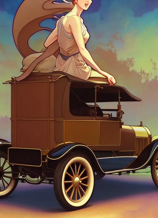 Image similar to model t ford, natural lighting, path traced, highly detailed, high quality, digital painting, by don bluth and ross tran and studio ghibli and alphonse mucha, artgerm