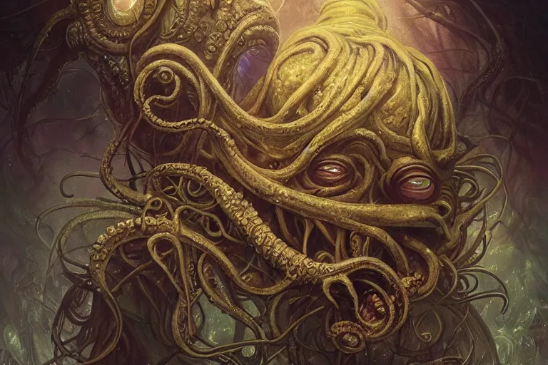 Image similar to a lovecraftian painting of cthulhu face of cosmic horror, cosmic horror elements, ultra realistic, concept art, intricate details, eerie, highly detailed, photorealistic, octane render, 8 k, unreal engine. art by artgerm and greg rutkowski and alphonse mucha