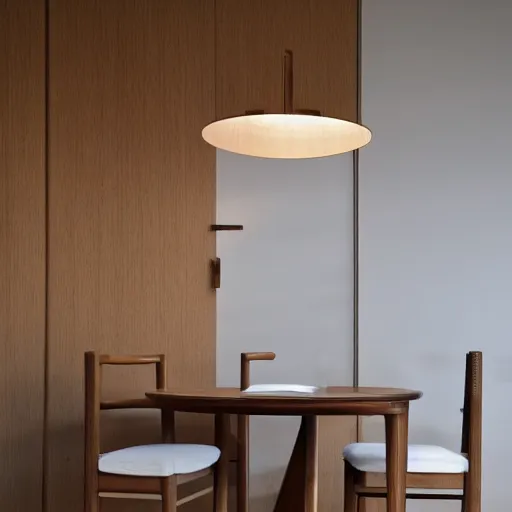 Prompt: pierre chapo style oak table with chairs in a tadao ando style interior with a serge mouille style wall lamp, soft warm lighting