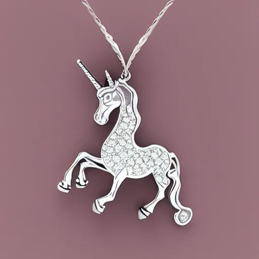 Image similar to a lovely silver cartoon unicorn necklace pendant, 3 d rendering, pandora style, tiffany style, swarovski style, van cleef & arpels style, cartier style, boucheron style, bulgari style, chaumet style, elegant, noble, stylish