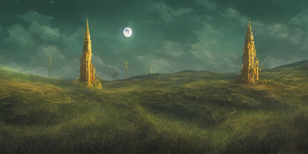 Image similar to The great intricate marble and golden wizards tower, painted landscape, green fields in the background, moody lighting, moon in the night sky, sharp image, 4k, artstation, colorful digital art