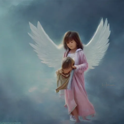 Image similar to Angel protecting child by Lin Chang, very detailed, deviantart, artstation