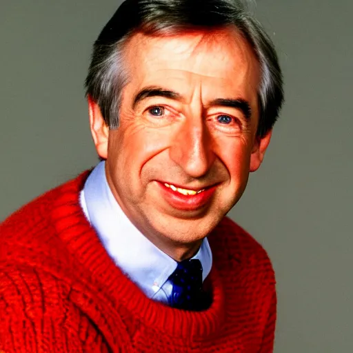 Prompt: headshot photo of Mister Rodgers in his red sweater
