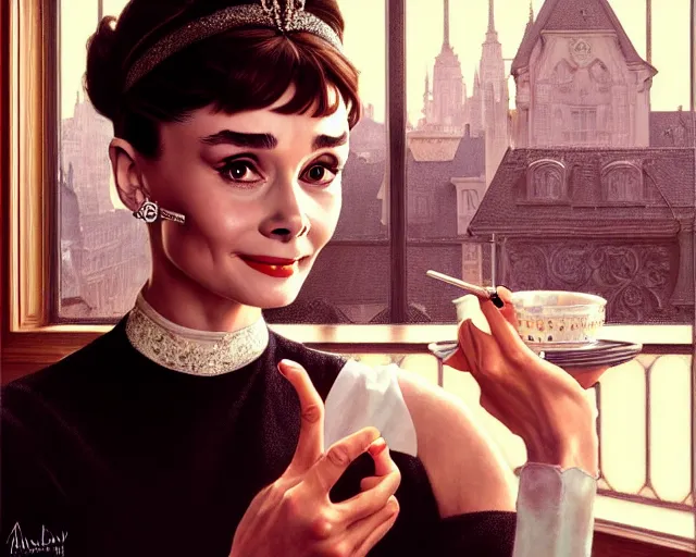 Image similar to photography of audrey hepburn in breakfast at tiffany's, deep focus, intricate, elegant, highly detailed, digital painting, artstation, concept art, matte, sharp focus, illustration, art by artgerm and greg rutkowski and alphonse mucha