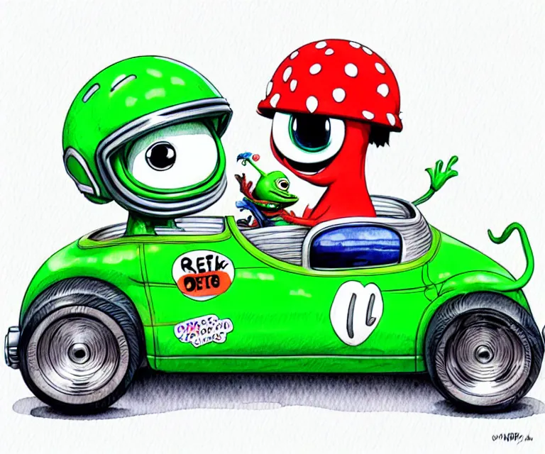 Image similar to cute and funny, cute pepe wearing a helmet riding in a tiny hot rod with oversized engine, ratfink style by ed roth, centered award winning watercolor pen illustration, isometric illustration by chihiro iwasaki, edited by range murata, details by artgerm