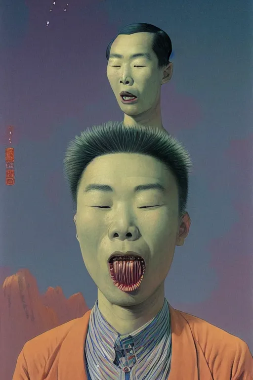 Prompt: a scifi closeup portrait of a young chinese man licking a blotter paper of LSD acid on his tongue and dreaming psychedelic hallucinations in cosmos, by kawase hasui, moebius, Edward Hopper and James Gilleard, Zdzislaw Beksinski, Steven Outram colorful flat surreal design, hd, 8k, artstation