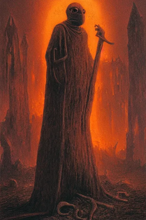 Image similar to plague doctor from iron gridle but human form, destroyed city and flames by zdzislaw beksinski, color