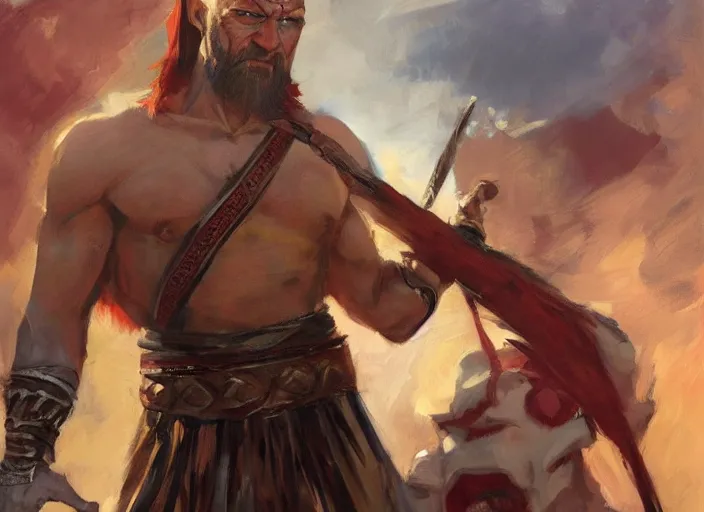 Prompt: a highly detailed beautiful portrait of saul goodman as kratos, by gregory manchess, james gurney, james jean