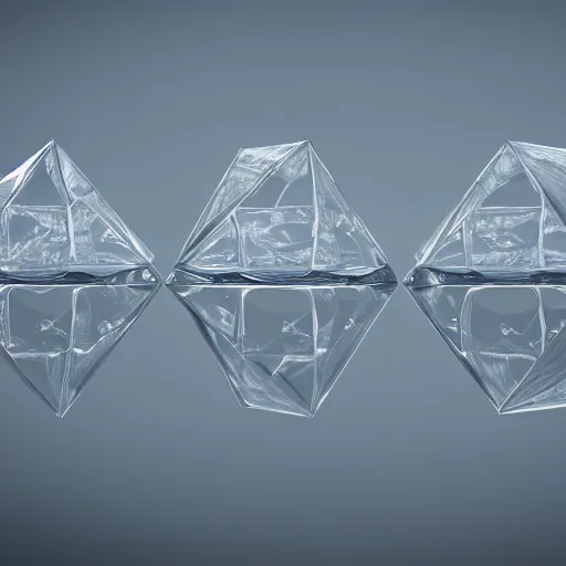 Prompt: platonic solids made of glass and steel floating above still water, octane render