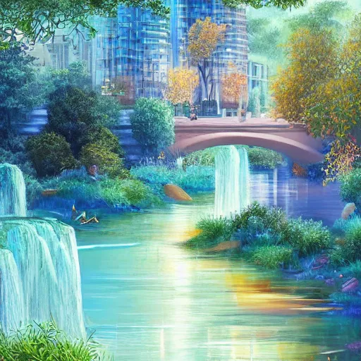 Image similar to Cosy water in city of the future in harmony with nature. Nice colour scheme, soft warm colour. Beautiful detailed painting by Lurid. (2022)