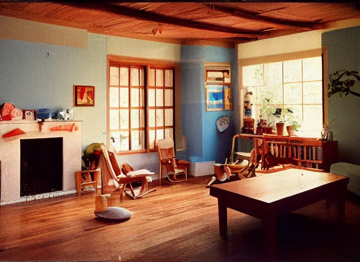 Prompt: realistic documentary interior photo, of a rainbow inside a wooden living room, neutral colors, 1 9 9 0, life magazine reportage photo