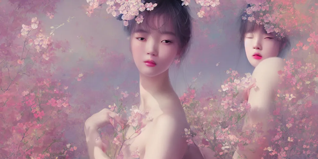 Prompt: breathtaking delicate concept art painting pattern blend of flowers and girls, by hsiao - ron cheng, bizarre compositions, exquisite detail, pastel colors, 8 k