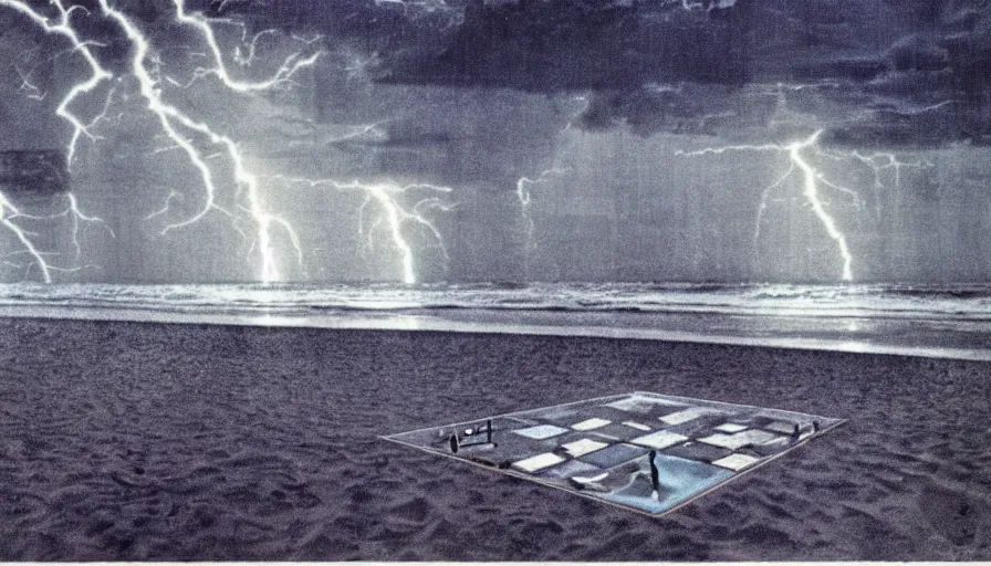 Image similar to A 1985 vintage magazine architecture photo of a, mediterranean architecture, refracted lines and sparkles, thunderstorm outside, beach on the background major arcana sky and occult symbols, hyperrealistic, award-winning, 1985