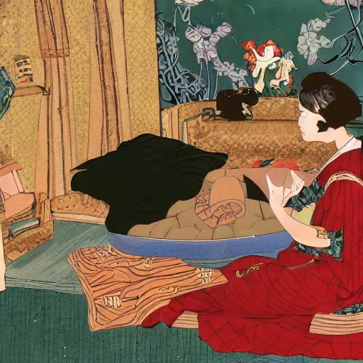 Image similar to Japanese beauty wrapped in a snake having tea with her husband by Toshio Saeki, high detailed