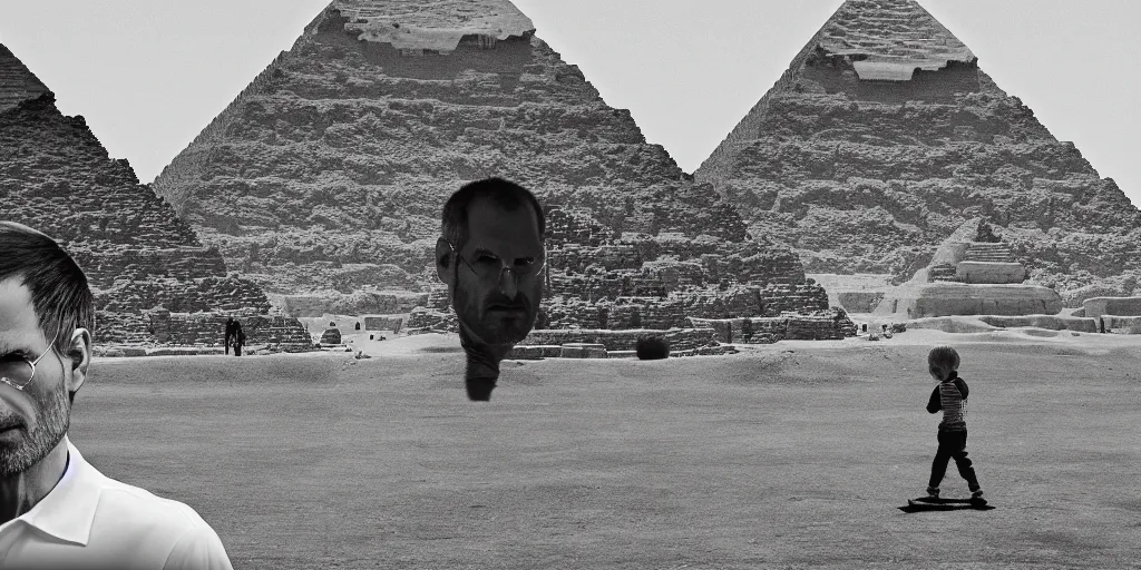 Prompt: landscape, steve jobs and a boy with purple hair in front of the pyramids, hyperrealism, intricate, 8 k, high detail