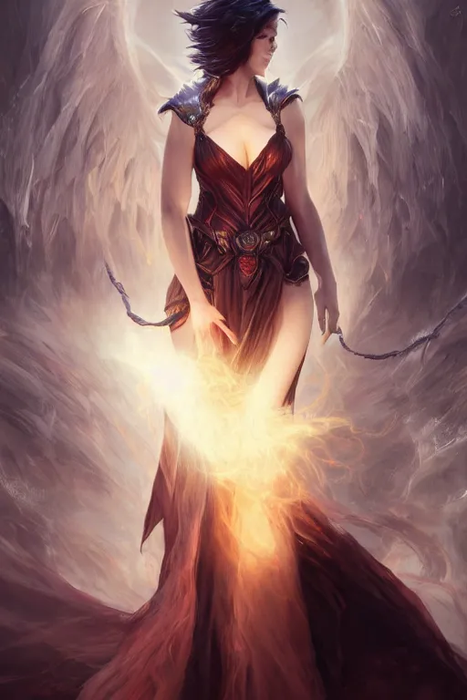 Image similar to seductive looking sorceress prays!!! magic the gathering, windy hair!, surreal dark fantasy, cinematic volumetric lights, portrait, dnd, intricate, elegant, highly detailed, digital painting, artstation, concept art, smooth, sharp focus, illustration, art by artgerm and tom bagshaw and greg rutkowski and alphonse mucha