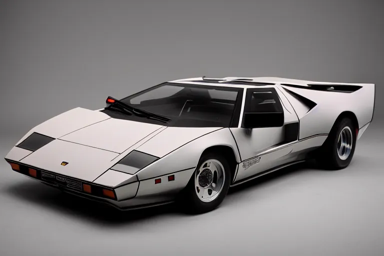 Image similar to designed by john delorean stylized poser of a single 1 9 8 6 lamborghini countach ( ( delorean ) ) ford gt 4 0, large led lights, ektachrome photograph, volumetric lighting, f 8 aperture, cinematic eastman 5 3 8 4 film