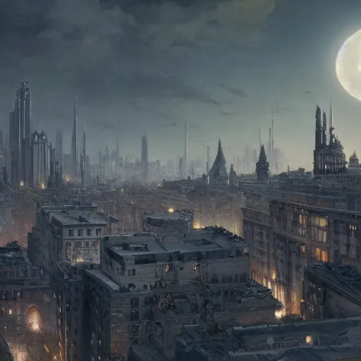 Prompt: an intricate, detailed matte painting of a rooftop in the city that has many aerials and structures on top with a huge, realistic moon in the background, dramatic lighting, 4k, trending on artstation, by Greg Rutkowski