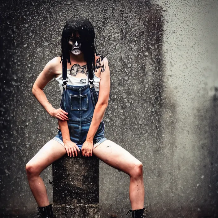 Image similar to fully body pose, photo of a very beautiful!! skull woman, overalls, short shorts, fishnets, combat boots, wet t shirt, raining, 8 k, hdr, smooth, sharp focus, high resolution, award - winning photo, trending on artstation, dslr, 5 0 mm