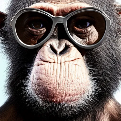 Prompt: high quality 8 k photo of a smiling happy and wise old chimpanzee wearing cool dark sunglasses looking up, ultra wide lens picture, detailed picture, cinematic composition, cinematic lighting, by edgar wright and david lynch