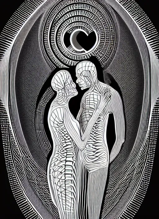 Image similar to vector art by hr giger, perfectly centered symmetrical balanced male and female portrait of man and woman in love sharing one heart. high coherence ; fractal geometrical 8 k ultra hd