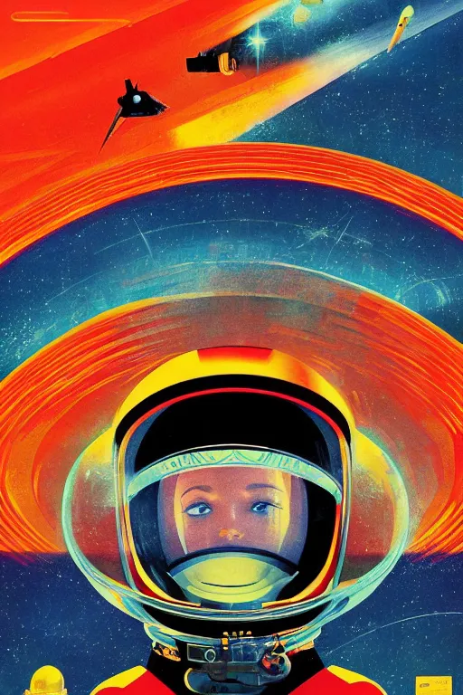 Prompt: poster art, movie poster, retrofuturism, sci - fi, textured, paper texture, 2 0 0 1 : a space odyssey by edward valigursky, red and yellow space suits