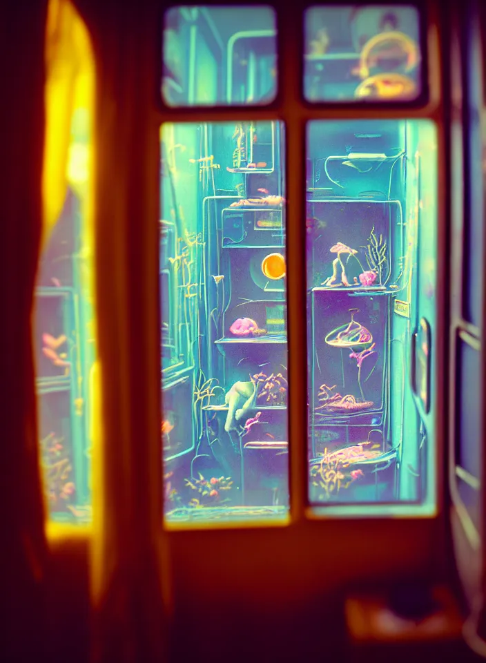 Image similar to telephoto 7 0 mm f / 2. 8 iso 2 0 0 photograph depicting the feeling of chrysalism in a cosy safe cluttered french sci - fi ( ( art nouveau ) ) cyberpunk apartment in a pastel dreamstate art cinema style. ( cat ) ( ( fish tank ) ), ambient light.