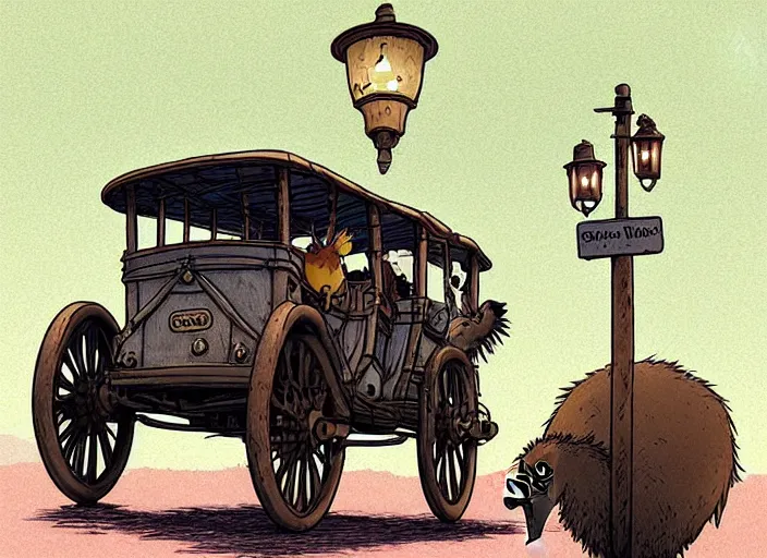 Image similar to a cell shaded cartoon of a stagecoach being pulled by two emu's from howl's moving castle ( 2 0 0 4 ), on a desert road, lamp posts, in front of a pale full moon, full body, wide shot, very dull muted colors, studio ghibli, laurie greasley, highly detailed, deviantart, art by artgem