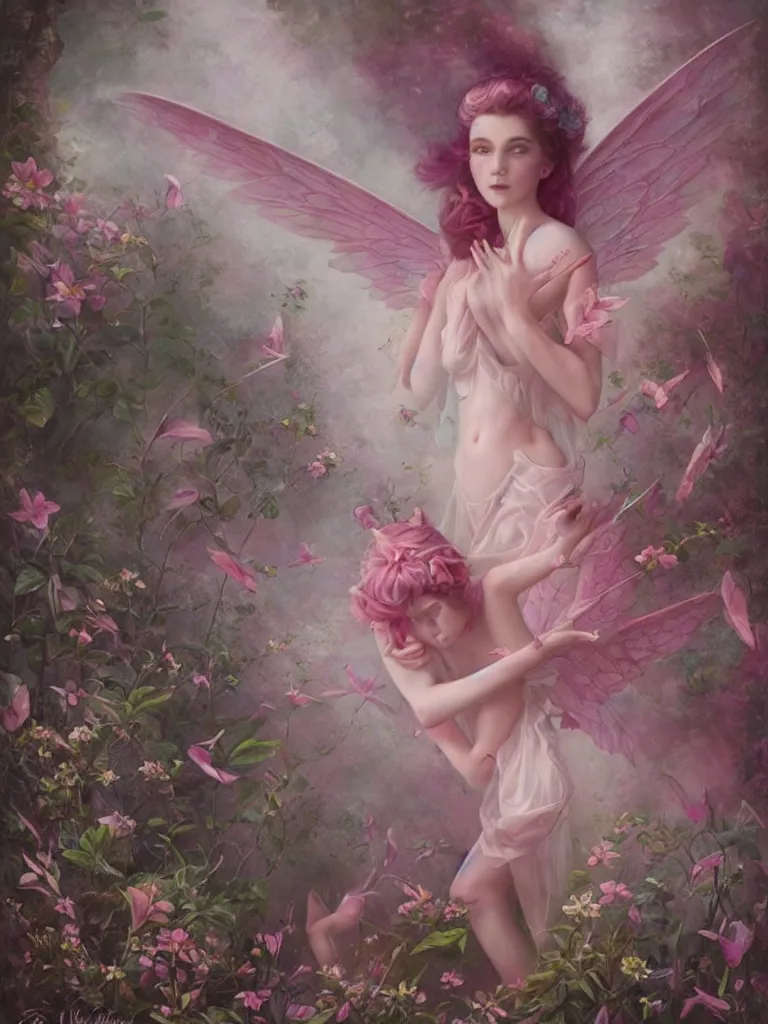 Image similar to one pink fairy with large wings exploring her lonely flower garden by herself in the style of tom bagshaw, extremely detailed, muted colors