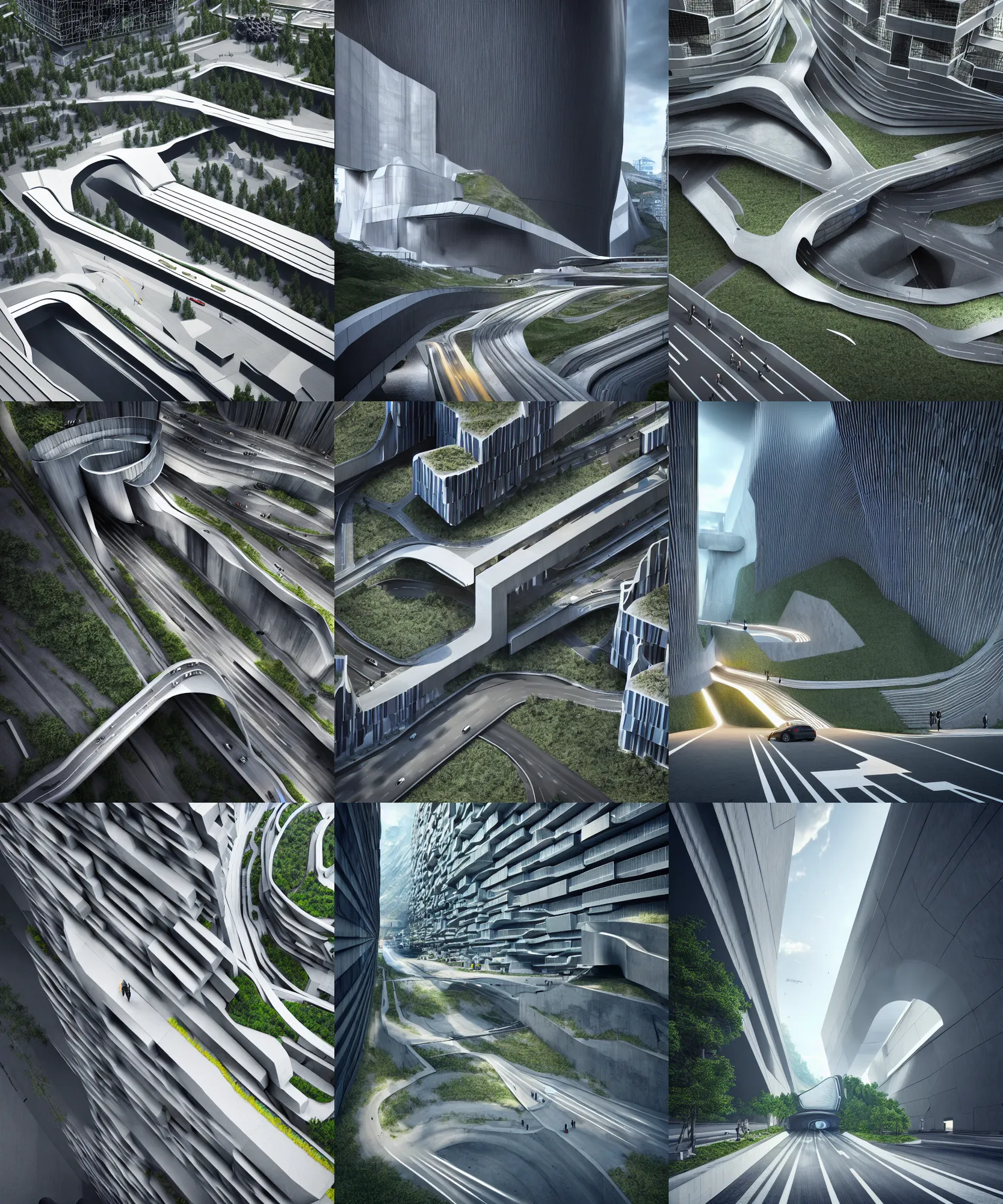 Prompt: denis villeneuve establishing shot of modern bjarke ingels condo building and gotthard tunnel entrance combined, roads tunnel under bjarke ingels condo building, maximalism art, lush environment, scifi artstation digital concept art, unreal engine, hyper realism, realistic shading, octane render, wide shot