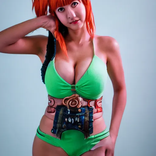 Image similar to A full portrait photo of real-life nami one piece, f/22, 35mm, 2700K, lighting.