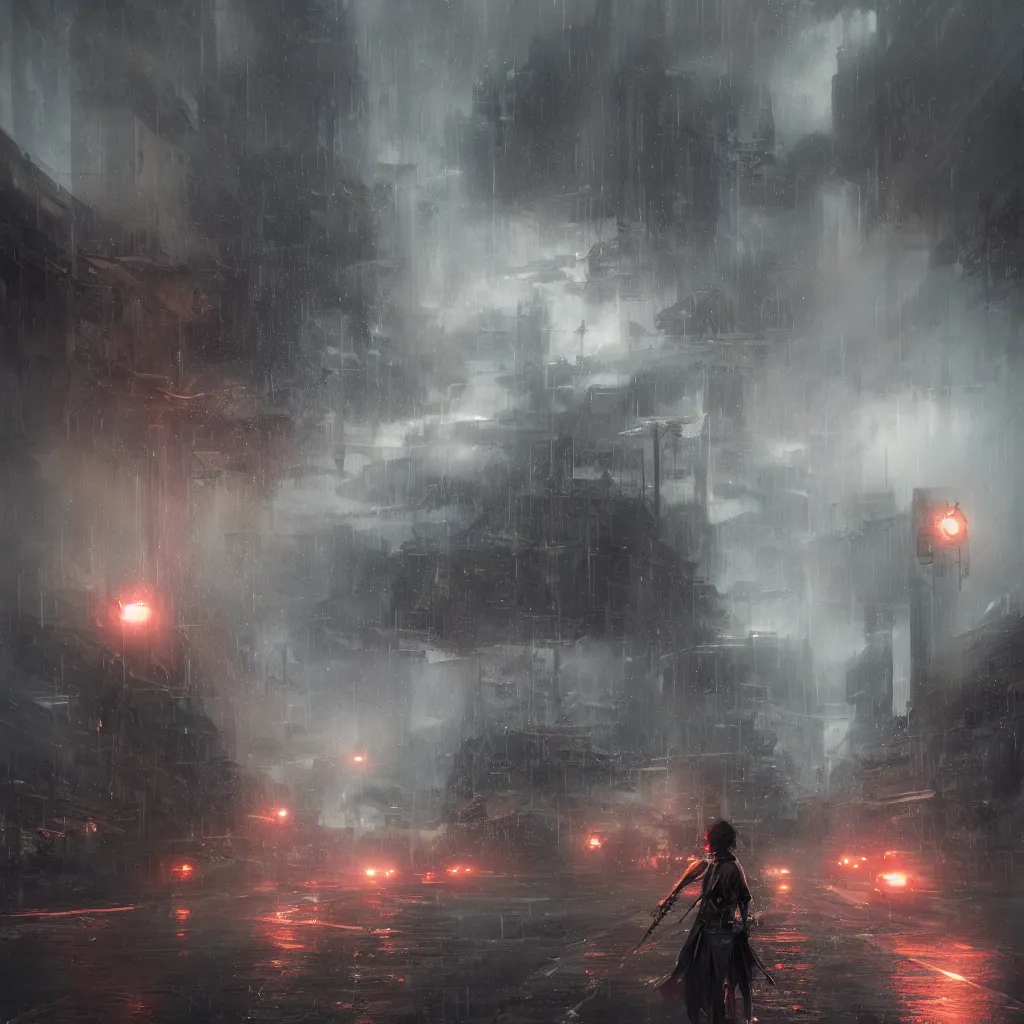 Prompt: it's raining streaks by Greg Rutkowski, Sung Choi, Mitchell Mohrhauser, Maciej Kuciara, Johnson Ting, Maxim Verehin, Peter Konig, final fantasy , 8k photorealistic, cinematic lighting, HD, high details, atmospheric,