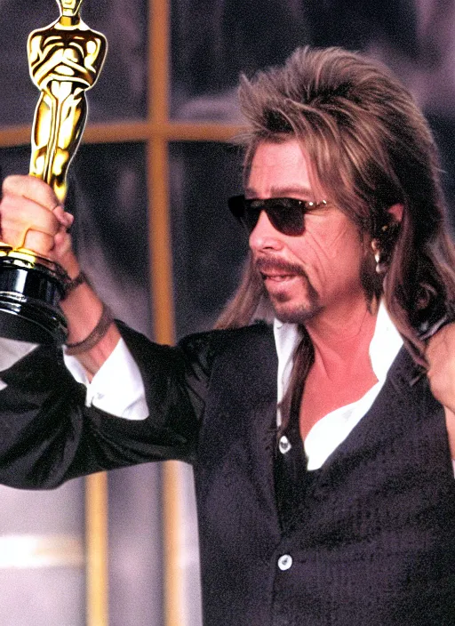 Prompt: a photograph of Joe Dirt winning an oscar