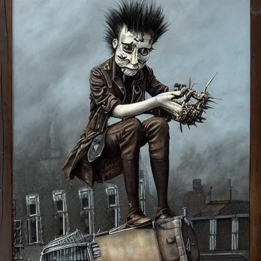 Image similar to a hyperrealistic painting of a steampunk sid vicious, blue skies, by john kenn mortensen, highly detailed,